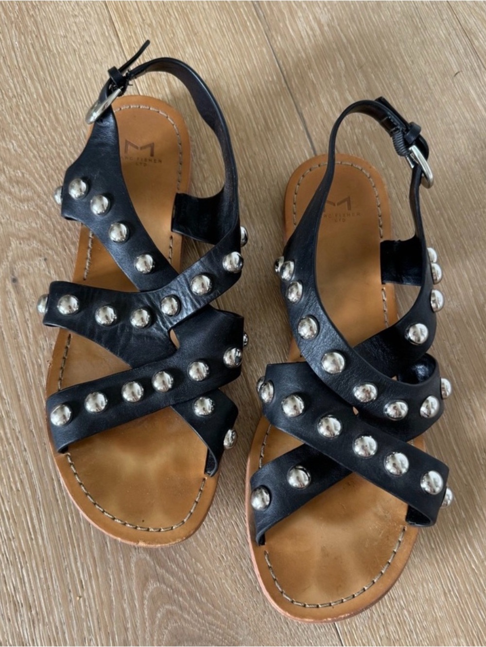 Marc Fisher Studded Black Leather Slingback Sandals Sz 10